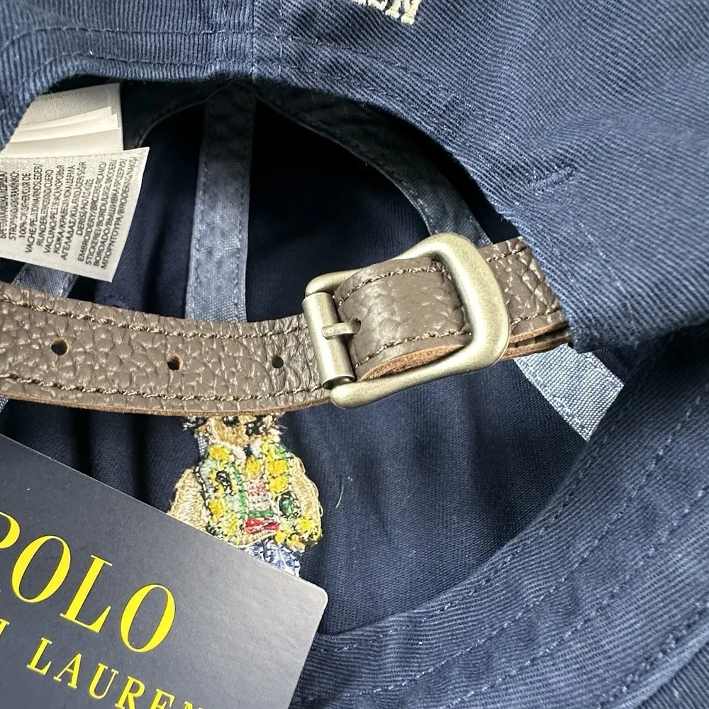 Polo Ralph Lauren Blue Dapper Polo Bear Mens Leather Strapback Baseball Cap NWT